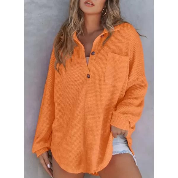 imageAstylish Women Waffle Knit Tops Henley Shirts Long Sleeve V Neck Solid Color Casual TunicY Grapefruit Orange