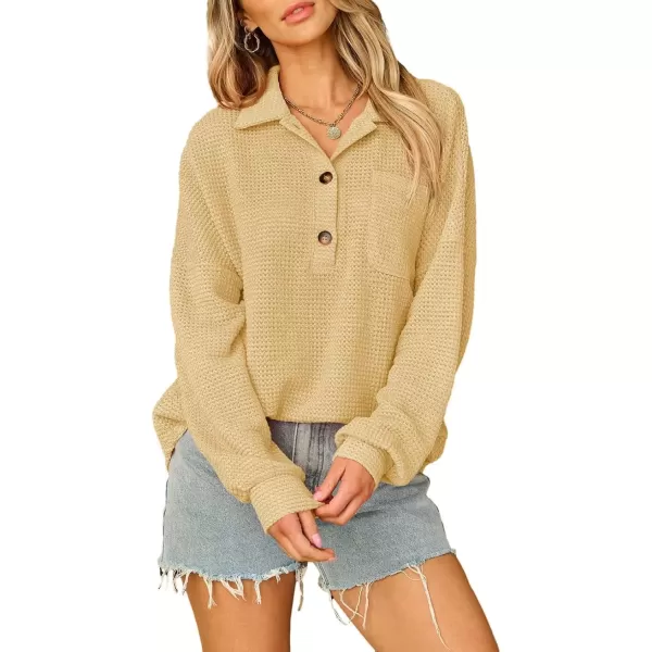 imageAstylish Women Waffle Knit Tops Henley Shirts Long Sleeve V Neck Solid Color Casual TunicY Khaki