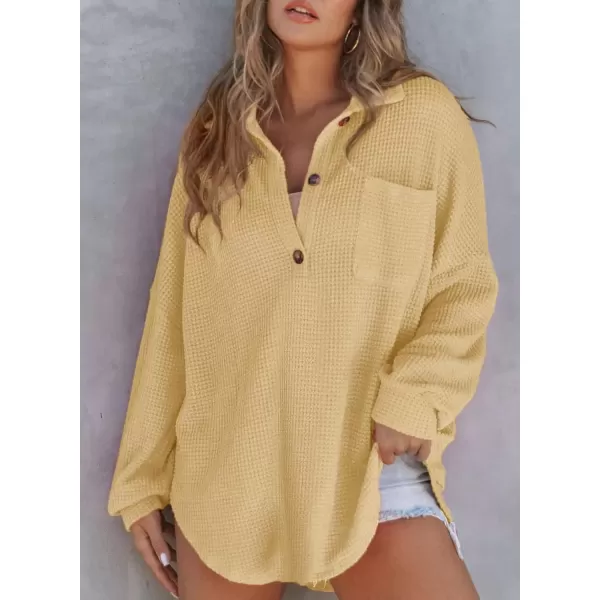 imageAstylish Women Waffle Knit Tops Henley Shirts Long Sleeve V Neck Solid Color Casual TunicY Khaki