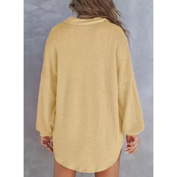 imageAstylish Women Waffle Knit Tops Henley Shirts Long Sleeve V Neck Solid Color Casual TunicY Khaki