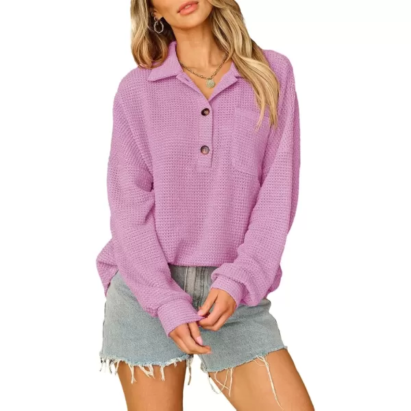imageAstylish Women Waffle Knit Tops Henley Shirts Long Sleeve V Neck Solid Color Casual TunicY Phalaenopsis