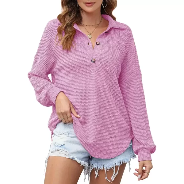 imageAstylish Women Waffle Knit Tops Henley Shirts Long Sleeve V Neck Solid Color Casual TunicY Phalaenopsis