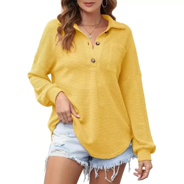 imageAstylish Women Waffle Knit Tops Henley Shirts Long Sleeve V Neck Solid Color Casual TunicY Yellow