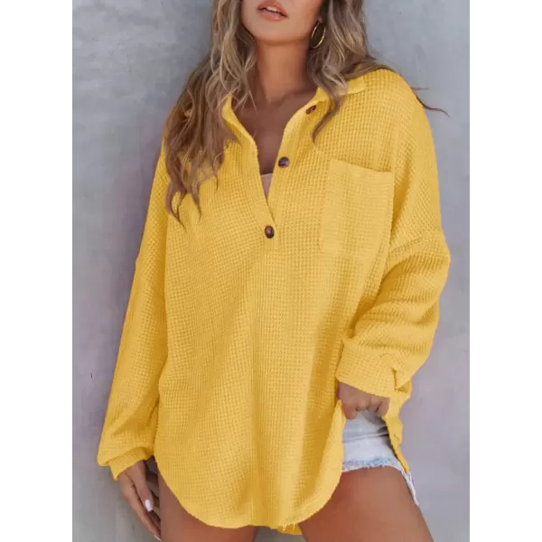 imageAstylish Women Waffle Knit Tops Henley Shirts Long Sleeve V Neck Solid Color Casual TunicY Yellow