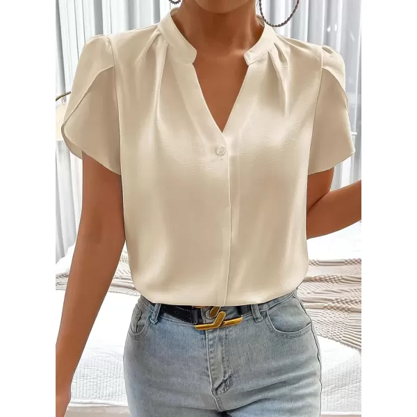 imageAstylish Womens Casual Notched V Neck Cap Sleeve Dressy Chiffon Blouse TopsBeige