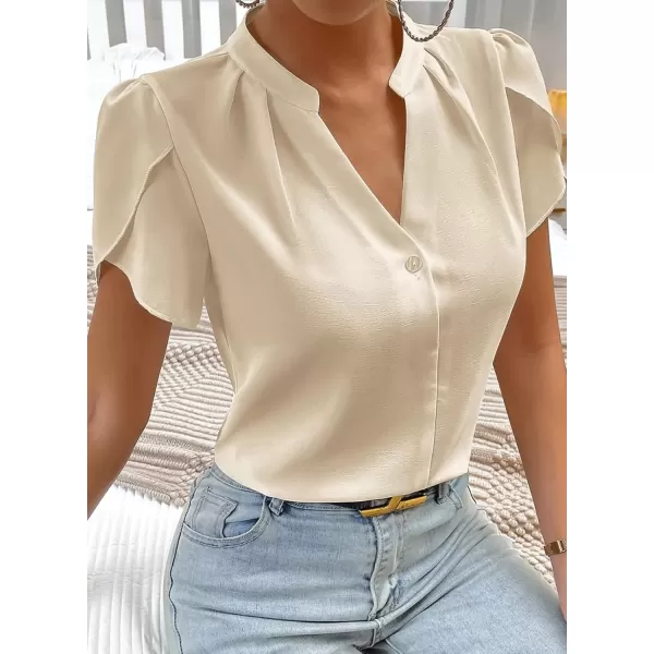 imageAstylish Womens Casual Notched V Neck Cap Sleeve Dressy Chiffon Blouse TopsBeige