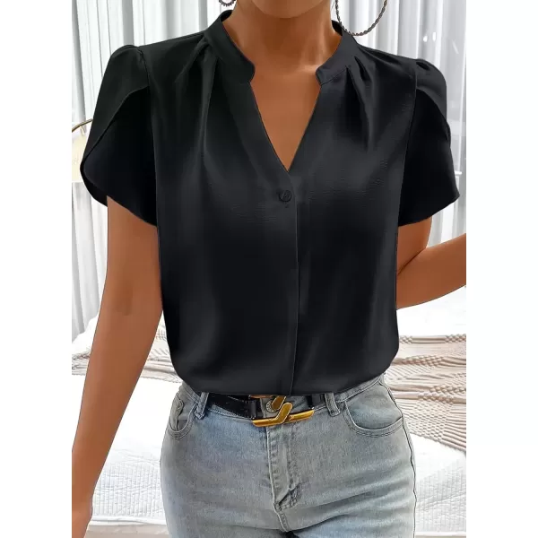 imageAstylish Womens Casual Notched V Neck Cap Sleeve Dressy Chiffon Blouse TopsBlack