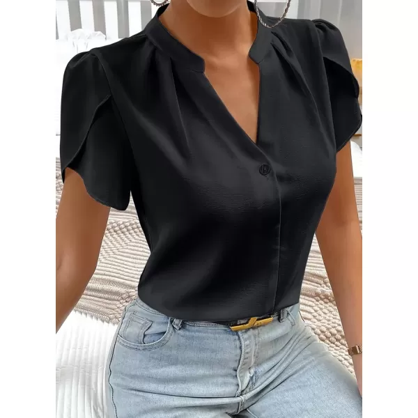 imageAstylish Womens Casual Notched V Neck Cap Sleeve Dressy Chiffon Blouse TopsBlack