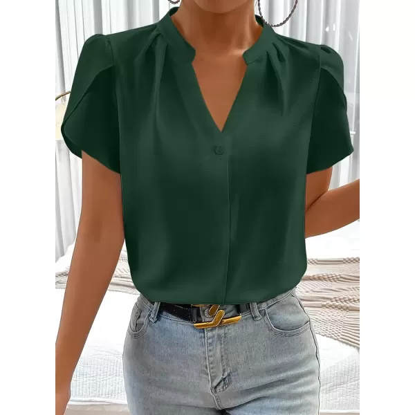 imageAstylish Womens Casual Notched V Neck Cap Sleeve Dressy Chiffon Blouse TopsDark Green