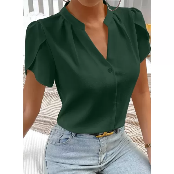 imageAstylish Womens Casual Notched V Neck Cap Sleeve Dressy Chiffon Blouse TopsDark Green