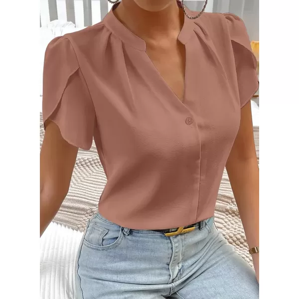 imageAstylish Womens Casual Notched V Neck Cap Sleeve Dressy Chiffon Blouse TopsDusty Pink