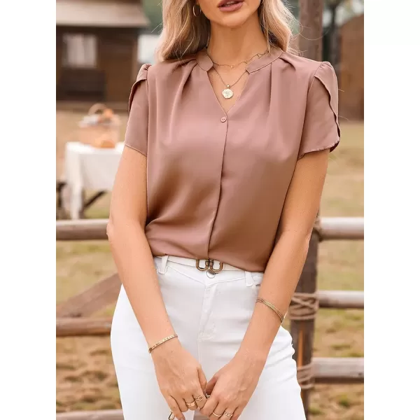 imageAstylish Womens Casual Notched V Neck Cap Sleeve Dressy Chiffon Blouse TopsDusty Pink