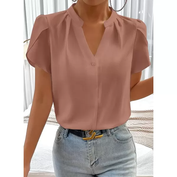 imageAstylish Womens Casual Notched V Neck Cap Sleeve Dressy Chiffon Blouse TopsDusty Pink