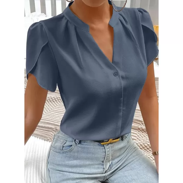 imageAstylish Womens Casual Notched V Neck Cap Sleeve Dressy Chiffon Blouse TopsGray Blue