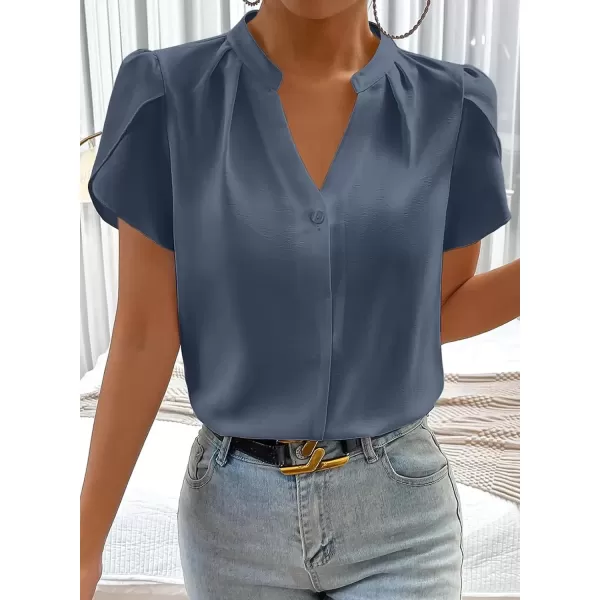 imageAstylish Womens Casual Notched V Neck Cap Sleeve Dressy Chiffon Blouse TopsGray Blue