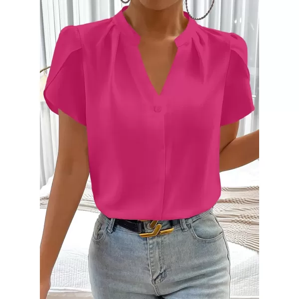 imageAstylish Womens Casual Notched V Neck Cap Sleeve Dressy Chiffon Blouse TopsHot Pink