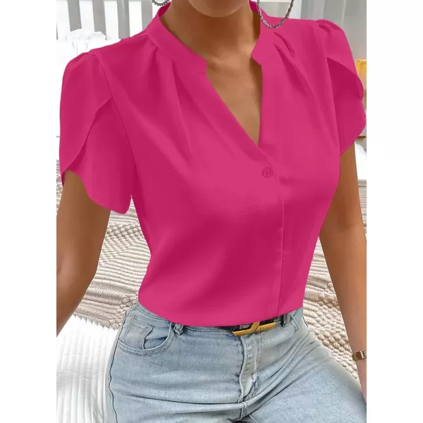 imageAstylish Womens Casual Notched V Neck Cap Sleeve Dressy Chiffon Blouse TopsHot Pink
