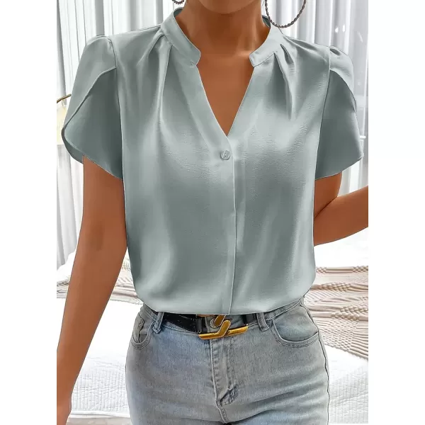 imageAstylish Womens Casual Notched V Neck Cap Sleeve Dressy Chiffon Blouse TopsMist Blue