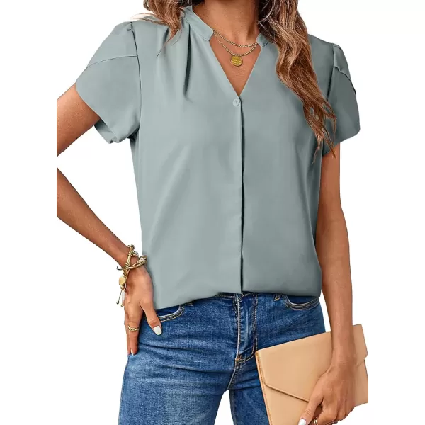 imageAstylish Womens Casual Notched V Neck Cap Sleeve Dressy Chiffon Blouse TopsMist Blue