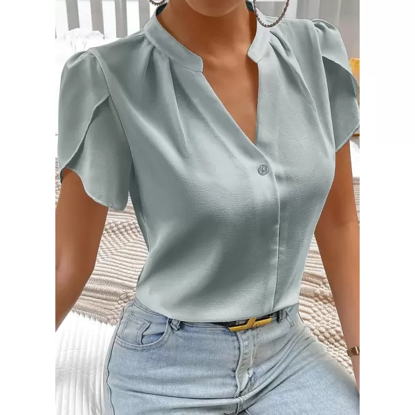 imageAstylish Womens Casual Notched V Neck Cap Sleeve Dressy Chiffon Blouse TopsMist Blue