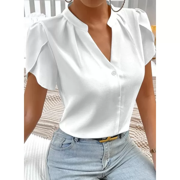 imageAstylish Womens Casual Notched V Neck Cap Sleeve Dressy Chiffon Blouse TopsWhite