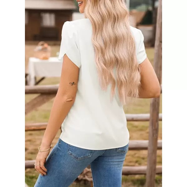 imageAstylish Womens Casual Notched V Neck Cap Sleeve Dressy Chiffon Blouse TopsWhite