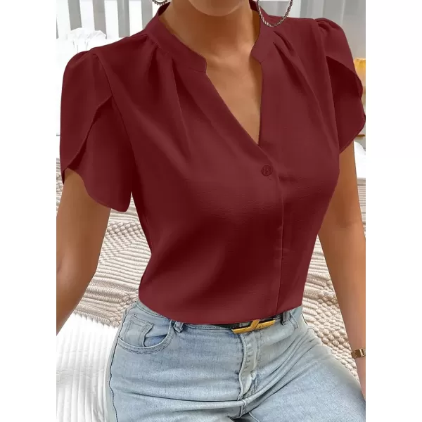 imageAstylish Womens Casual Notched V Neck Cap Sleeve Dressy Chiffon Blouse TopsWine Red