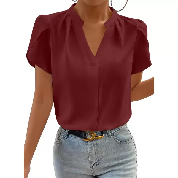 imageAstylish Womens Casual Notched V Neck Cap Sleeve Dressy Chiffon Blouse TopsWine Red
