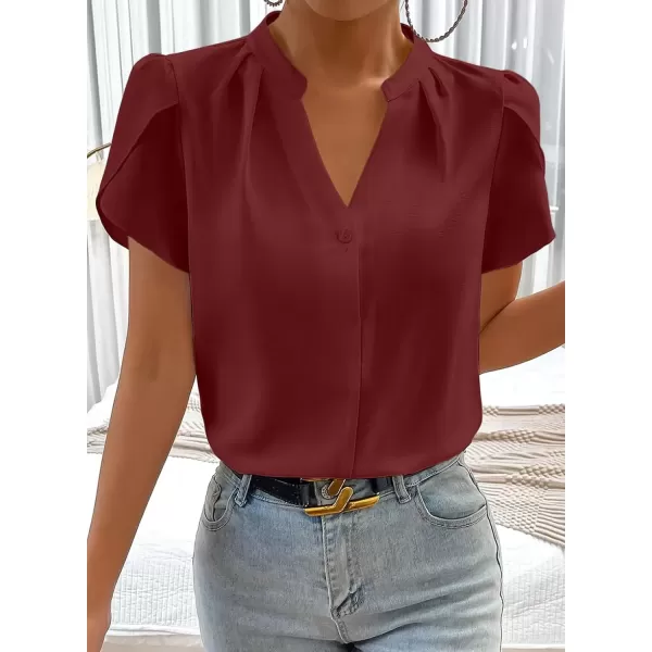 imageAstylish Womens Casual Notched V Neck Cap Sleeve Dressy Chiffon Blouse TopsWine Red