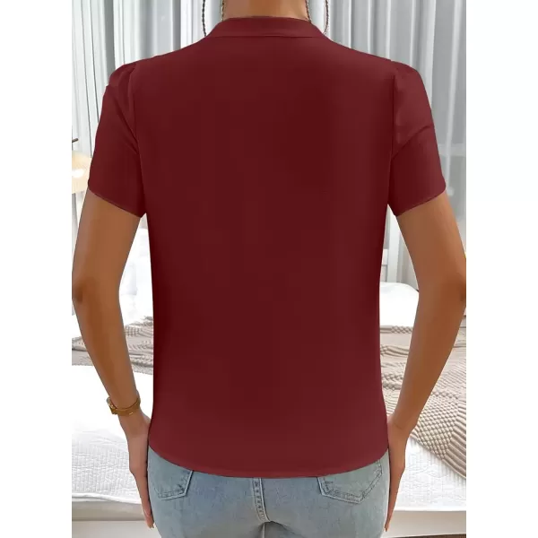 imageAstylish Womens Casual Notched V Neck Cap Sleeve Dressy Chiffon Blouse TopsWine Red