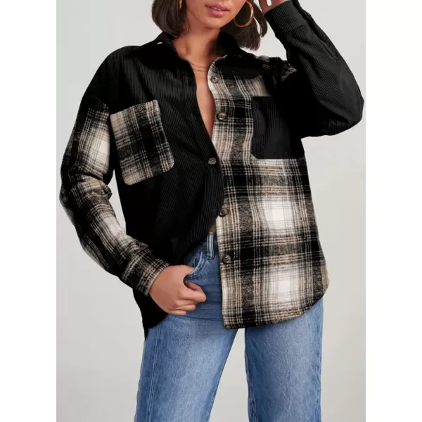 imageAstylish Womens Color Block Corduroy Shirts Long Sleeve Button Down Boyfriend Blouses TopsBlack