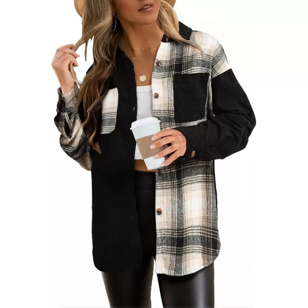 imageAstylish Womens Color Block Corduroy Shirts Long Sleeve Button Down Boyfriend Blouses TopsBlack