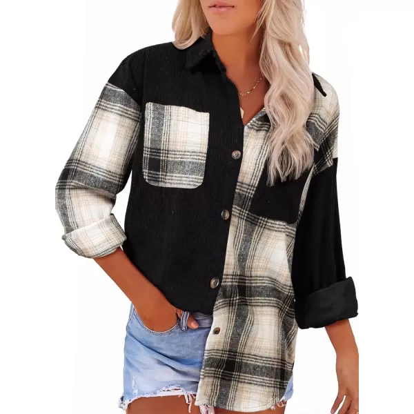 imageAstylish Womens Color Block Corduroy Shirts Long Sleeve Button Down Boyfriend Blouses TopsBlack
