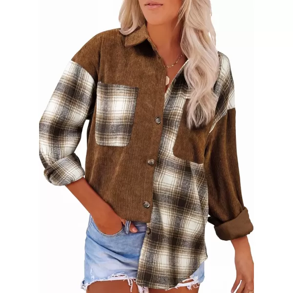 imageAstylish Womens Color Block Corduroy Shirts Long Sleeve Button Down Boyfriend Blouses TopsBrown