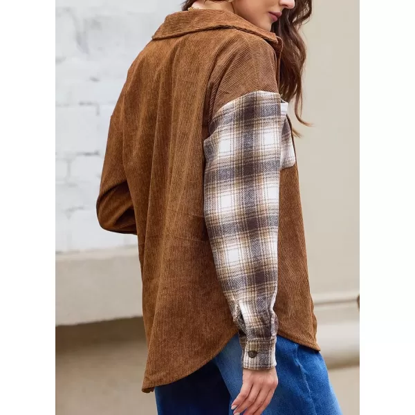 imageAstylish Womens Color Block Corduroy Shirts Long Sleeve Button Down Boyfriend Blouses TopsBrown