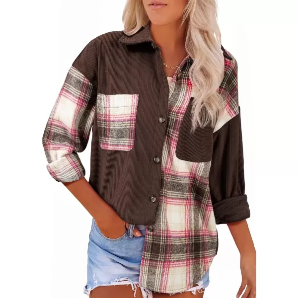 imageAstylish Womens Color Block Corduroy Shirts Long Sleeve Button Down Boyfriend Blouses TopsDesert Palm