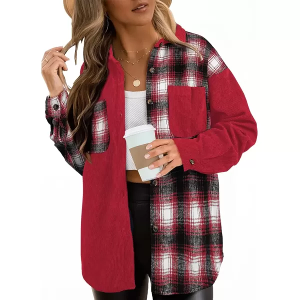 imageAstylish Womens Color Block Corduroy Shirts Long Sleeve Button Down Boyfriend Blouses TopsFiery Red