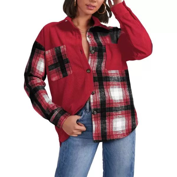 imageAstylish Womens Color Block Corduroy Shirts Long Sleeve Button Down Boyfriend Blouses TopsFiery Red