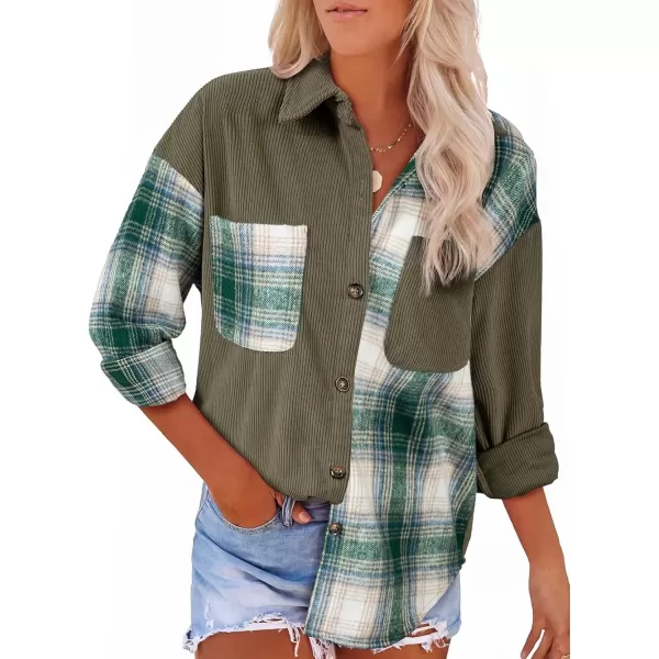 imageAstylish Womens Color Block Corduroy Shirts Long Sleeve Button Down Boyfriend Blouses TopsMist Green
