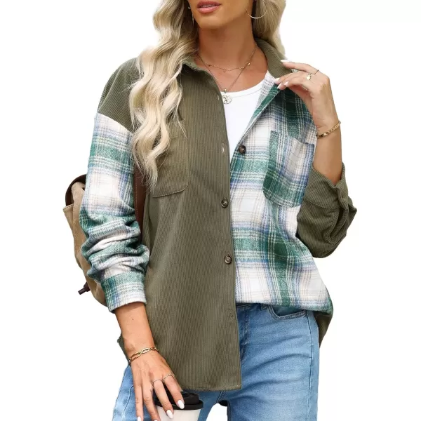 imageAstylish Womens Color Block Corduroy Shirts Long Sleeve Button Down Boyfriend Blouses TopsMist Green