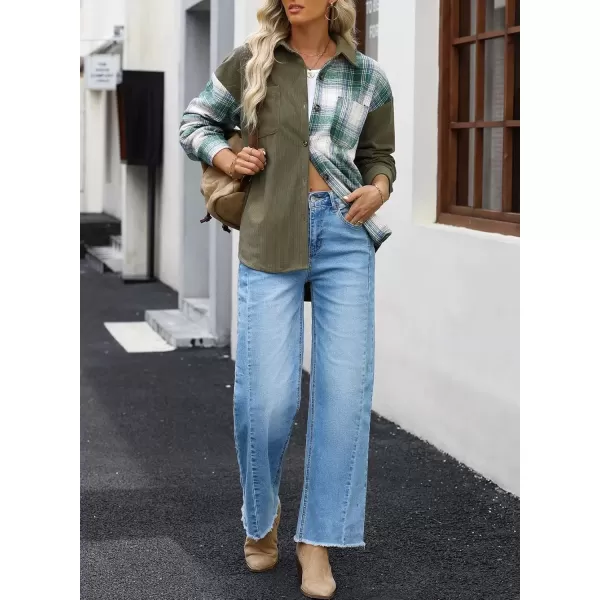 imageAstylish Womens Color Block Corduroy Shirts Long Sleeve Button Down Boyfriend Blouses TopsMist Green