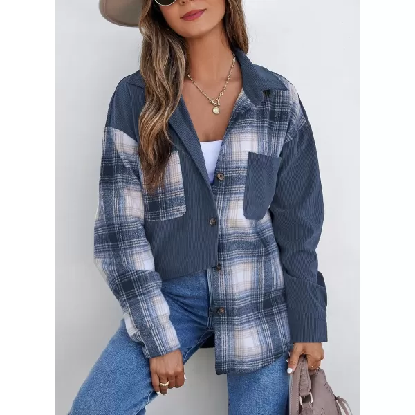 imageAstylish Womens Color Block Corduroy Shirts Long Sleeve Button Down Boyfriend Blouses TopsNavy Blue