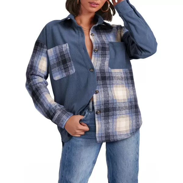 imageAstylish Womens Color Block Corduroy Shirts Long Sleeve Button Down Boyfriend Blouses TopsNavy Blue