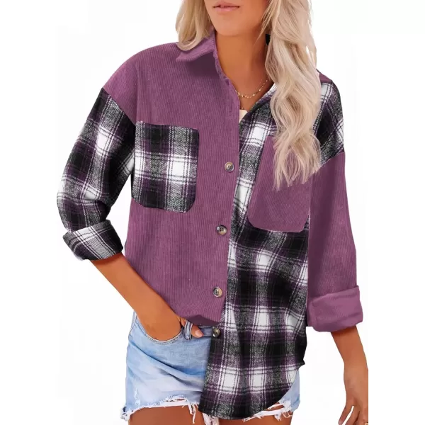 imageAstylish Womens Color Block Corduroy Shirts Long Sleeve Button Down Boyfriend Blouses TopsOrchid Petal
