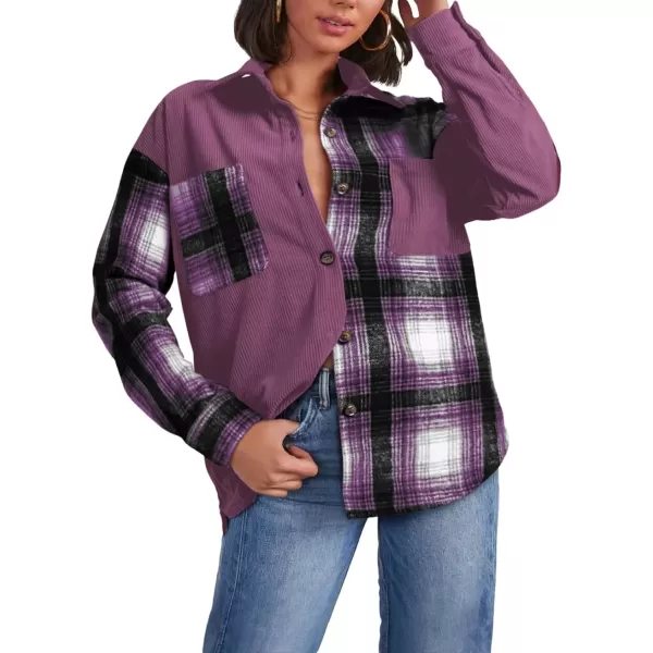 imageAstylish Womens Color Block Corduroy Shirts Long Sleeve Button Down Boyfriend Blouses TopsOrchid Petal