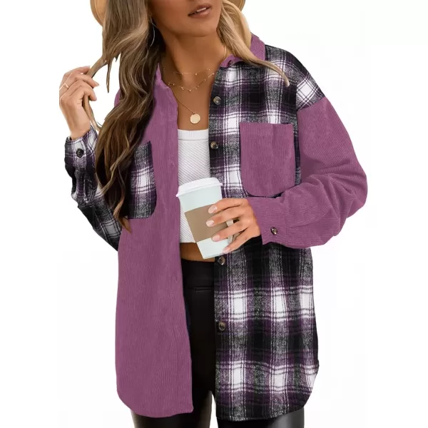 imageAstylish Womens Color Block Corduroy Shirts Long Sleeve Button Down Boyfriend Blouses TopsOrchid Petal