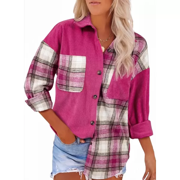 imageAstylish Womens Color Block Corduroy Shirts Long Sleeve Button Down Boyfriend Blouses TopsRose Red