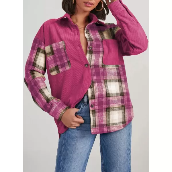 imageAstylish Womens Color Block Corduroy Shirts Long Sleeve Button Down Boyfriend Blouses TopsRose Red