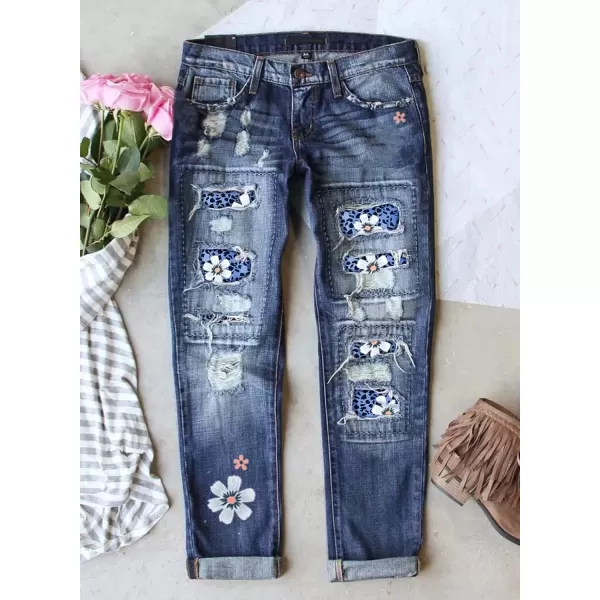 imageAstylish Womens Plaid Patch Ripped Boyfriend Distressed Stretch Skinny Denim Jeans with HoleA05 Blue