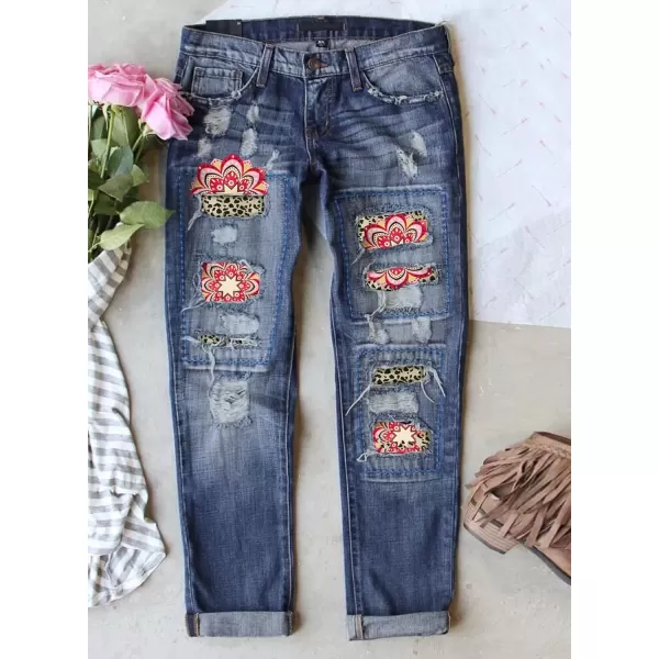 imageAstylish Womens Plaid Patch Ripped Boyfriend Distressed Stretch Skinny Denim Jeans with HoleA07 Blue